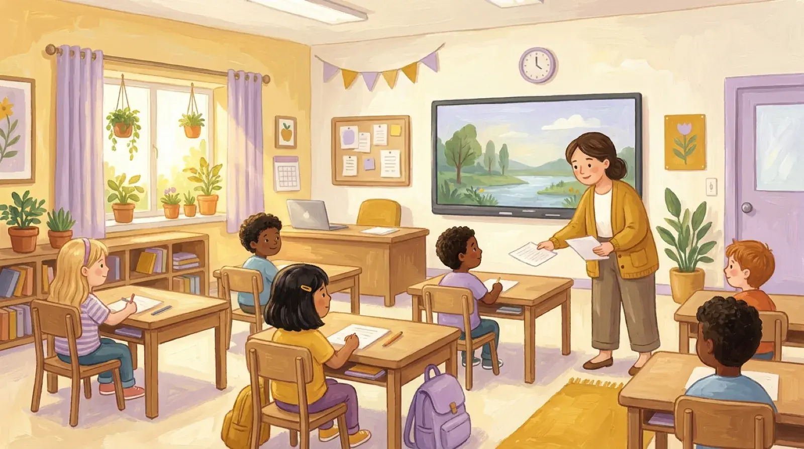 Painted classroom: a teacher hands out papers in front of the wall screen