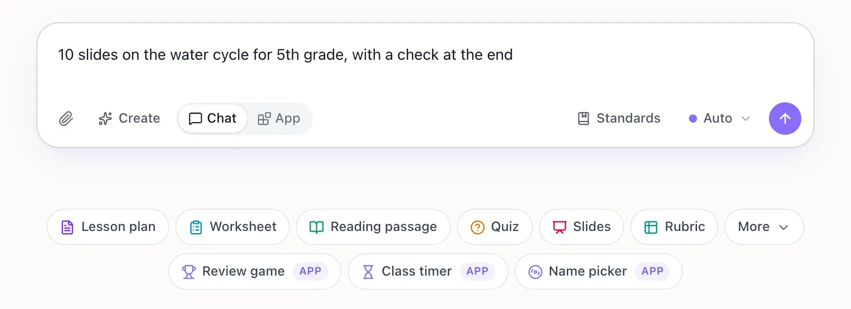 The EasyClass message box with the request "10 slides on the water cycle for 5th grade, with a check at the end" typed in, above shortcut buttons for lesson plan, worksheet, reading passage, quiz and slides