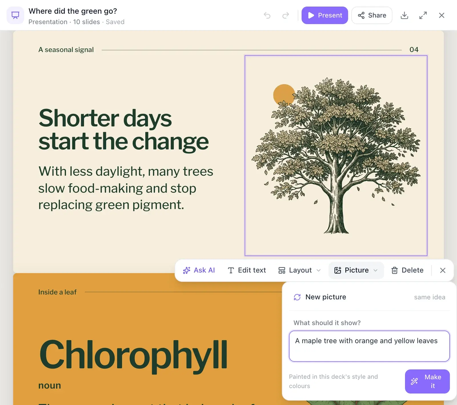 An illustrated tree selected on a slide, with a toolbar of Ask AI, Edit text, Layout, Picture and Delete, and the Picture menu open offering a new picture of the same idea or a new subject typed as "A maple tree with orange and yellow leaves"