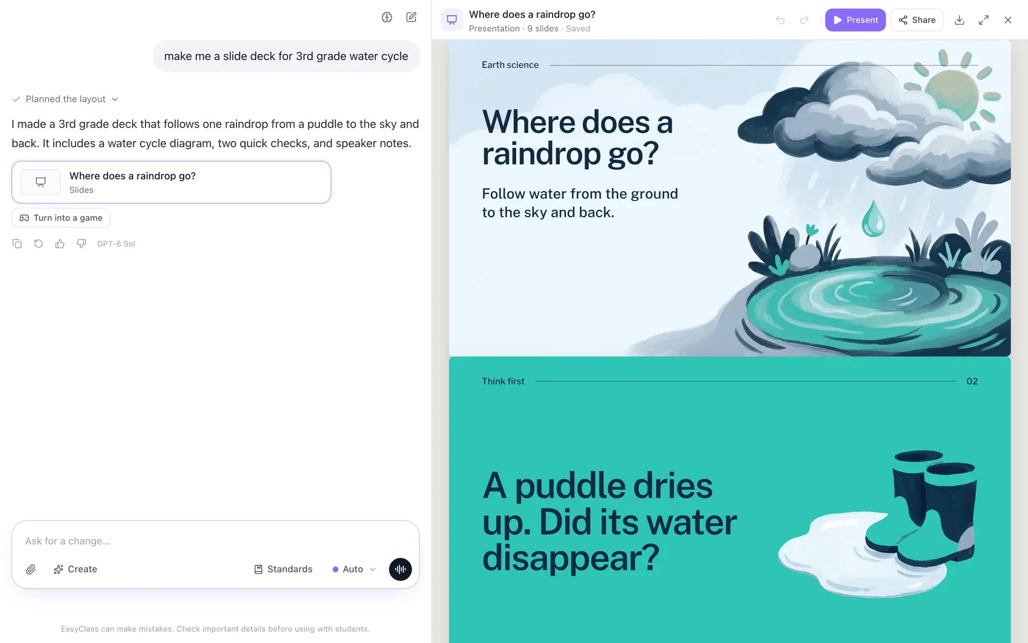 EasyClass with the chat on the left, where the teacher asked for a slide deck on the water cycle for 3rd grade, and the finished nine-slide deck "Where does a raindrop go?" open beside it with Present and Share buttons