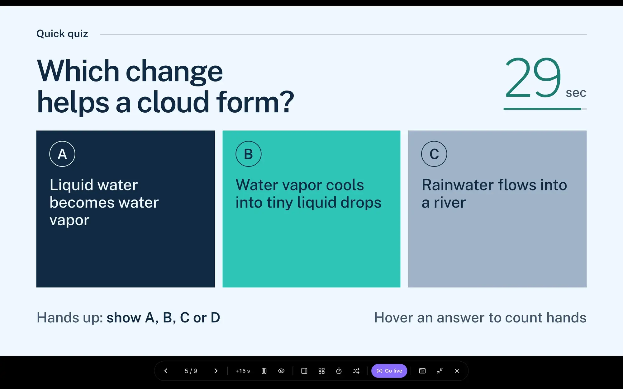 A quiz slide in present mode asking "Which change helps a cloud form?" with three answer choices, a 29-second countdown and a Go live button in the control bar