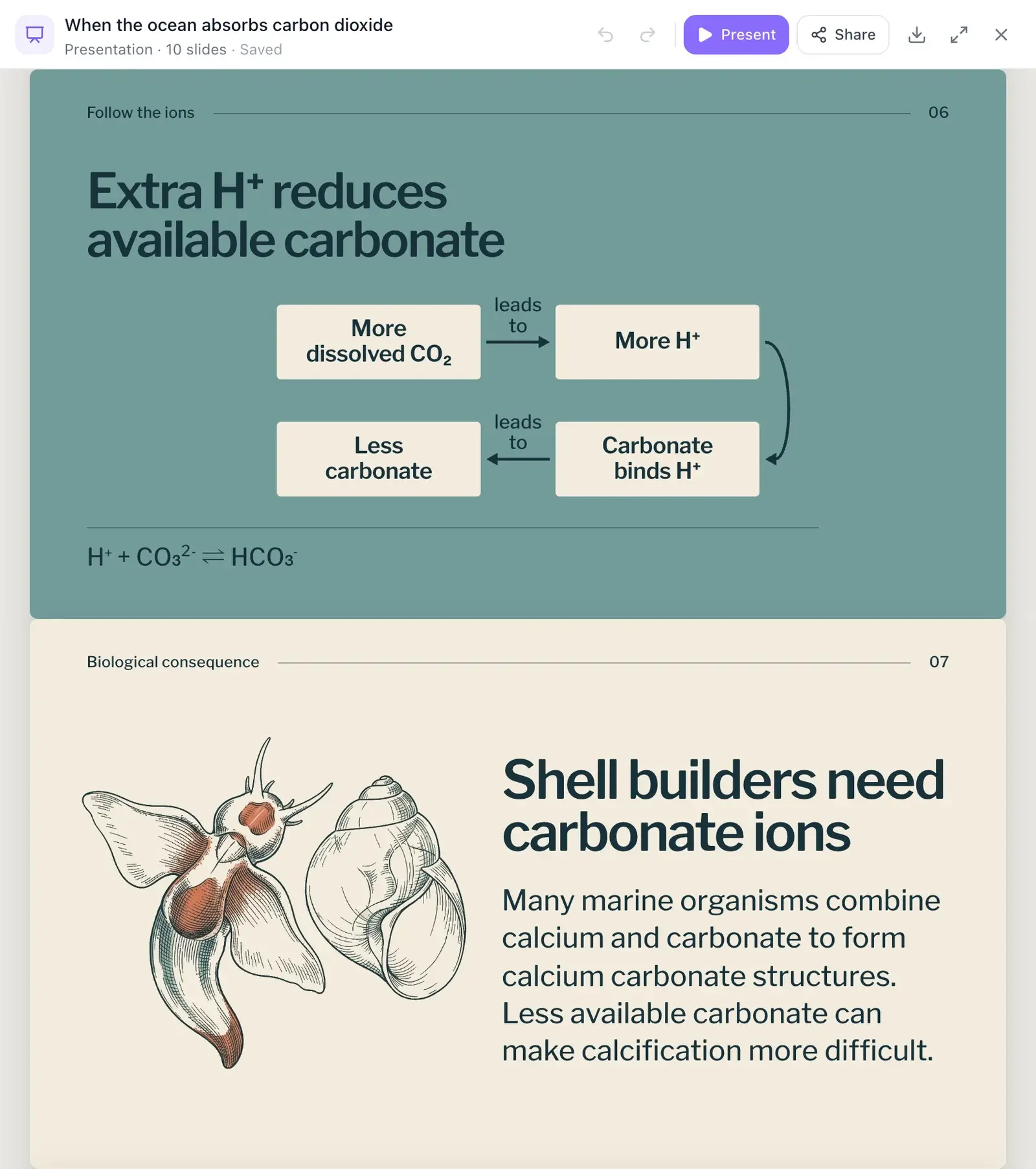 Two slides from a high school chemistry deck in the editor: a cause-and-effect diagram from "more dissolved CO2" to "less carbonate" with the chemical equation below it, and an engraving-style illustration of a sea butterfly and a sea snail shell beside the heading "Shell builders need carbonate ions"