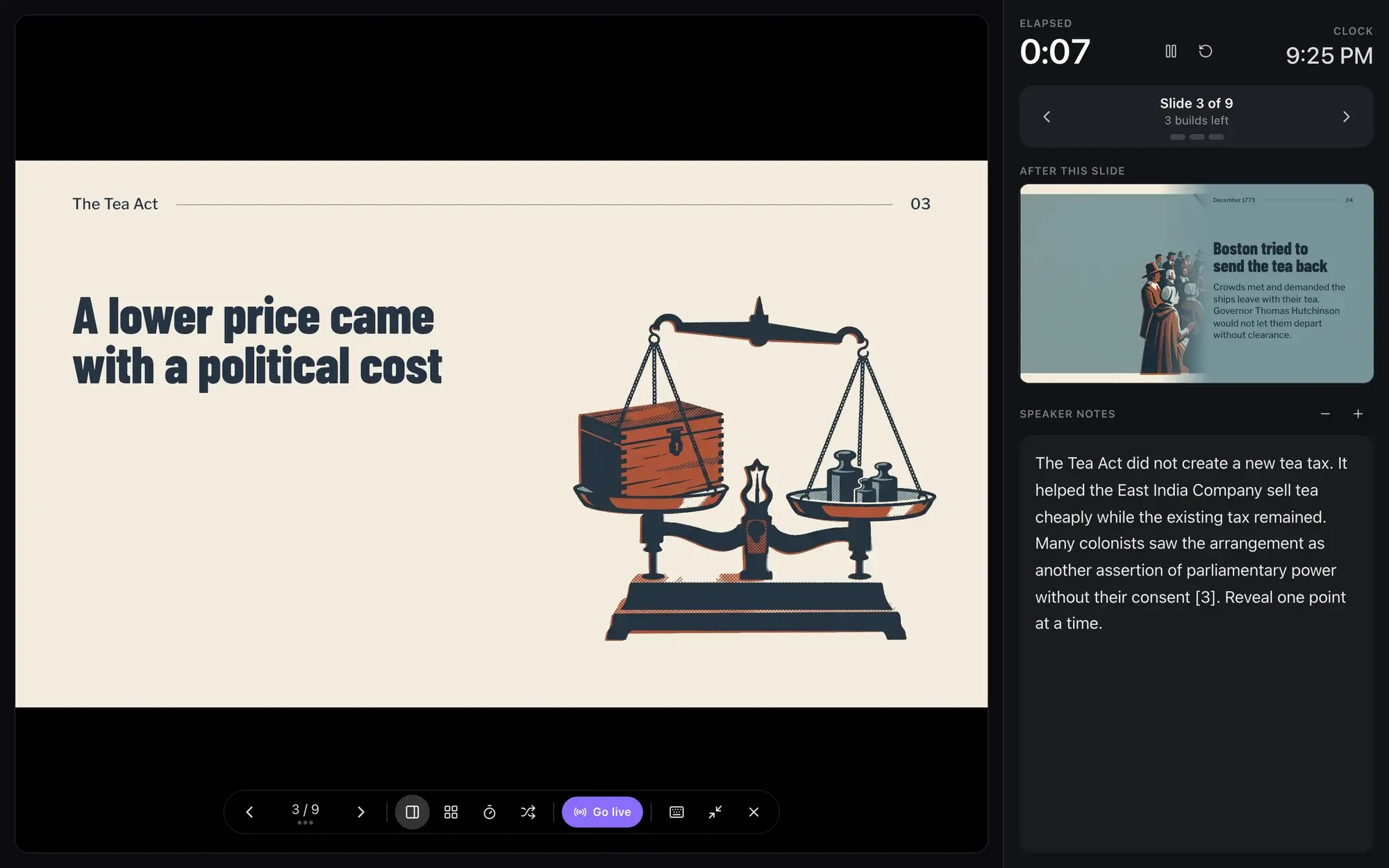 Presenter view during a lesson on the Tea Act: the current slide with three points still to reveal, and a side panel with elapsed time, the clock, slide 3 of 9, a preview of the next slide and the speaker notes
