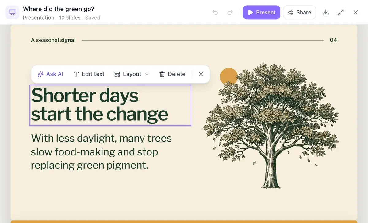A slide titled "Shorter days start the change" with its heading selected and a toolbar above it offering Ask AI, Edit text, Layout and Delete