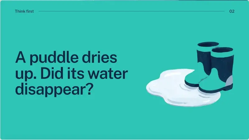 Teal slide asking "A puddle dries up. Did its water disappear?" next to a painted pair of rain boots in a puddle