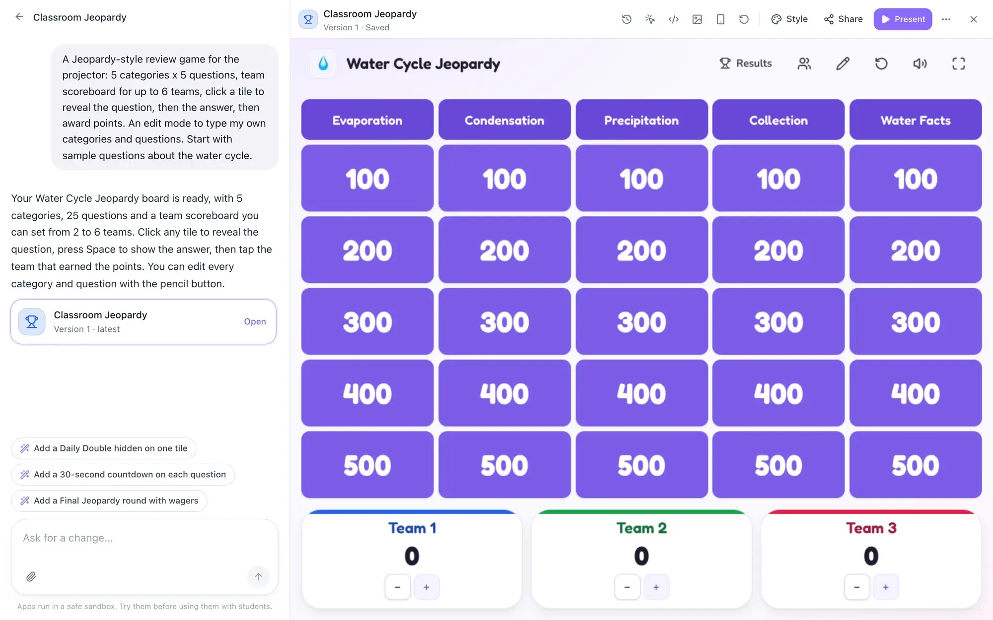 The EasyClass app builder: a teacher’s request in the chat on the left and the finished classroom app running on the right