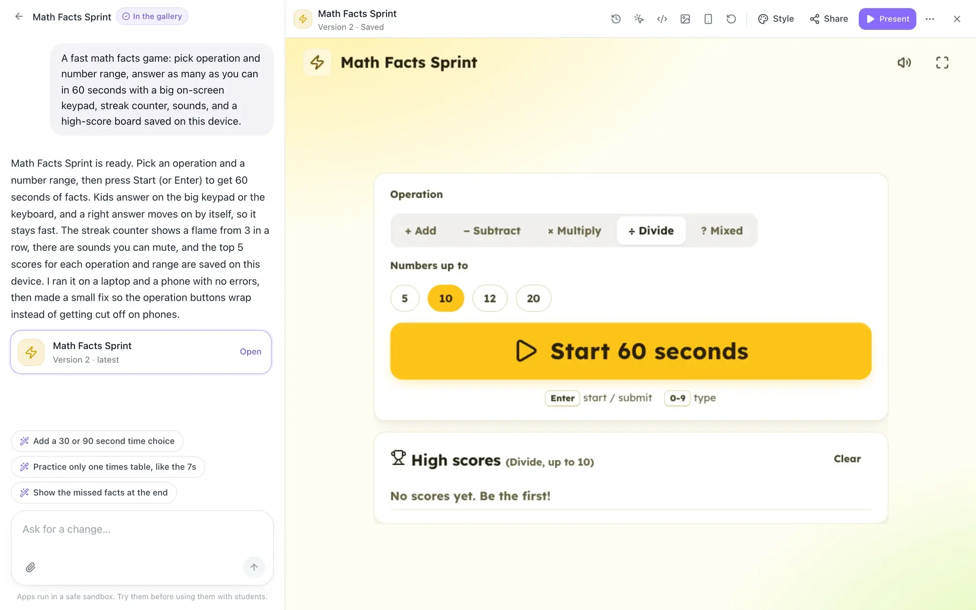 The app builder with a teacher’s request for a 60-second math facts game in the chat, the builder’s note that it ran the app on a laptop and a phone and fixed the buttons so they wrap, and the finished Math Facts Sprint app with operation and number range choices and a high-score board