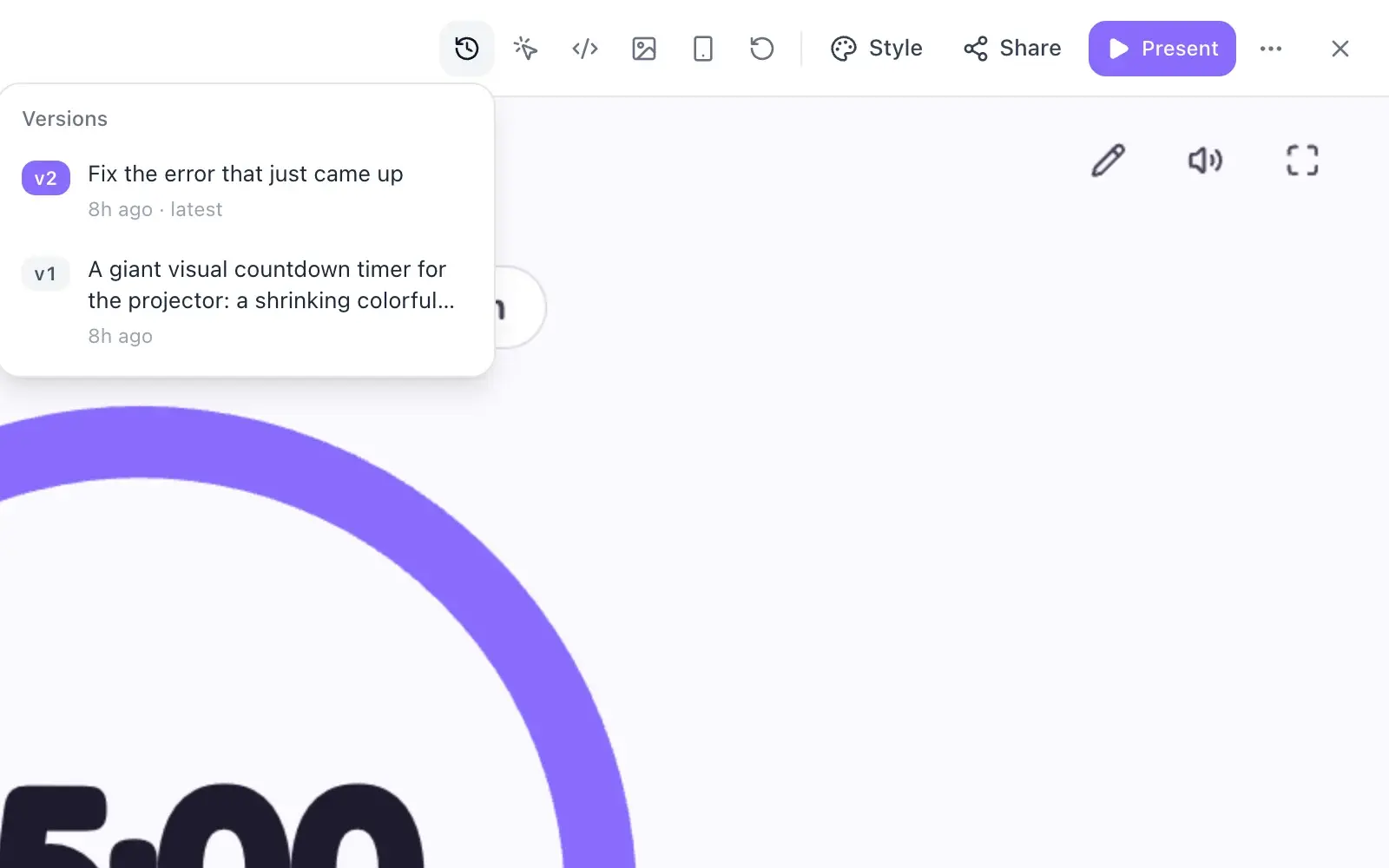 The builder’s Versions menu open over a countdown timer app, listing version 2, “Fix the error that just came up”, as the latest, and version 1 with the original request, “A giant visual countdown timer for the projector”