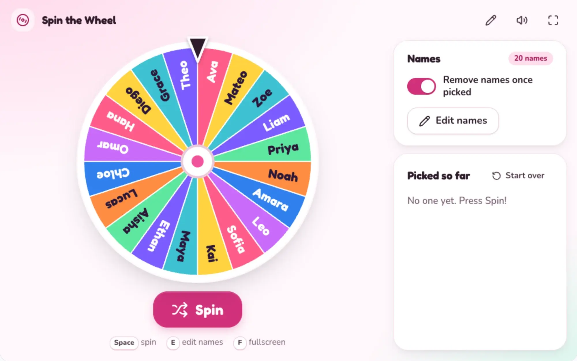Spin the Wheel name picker: a colorful wheel of 20 sample first names, a big Spin button and a Names panel with a switch to remove names once they are picked