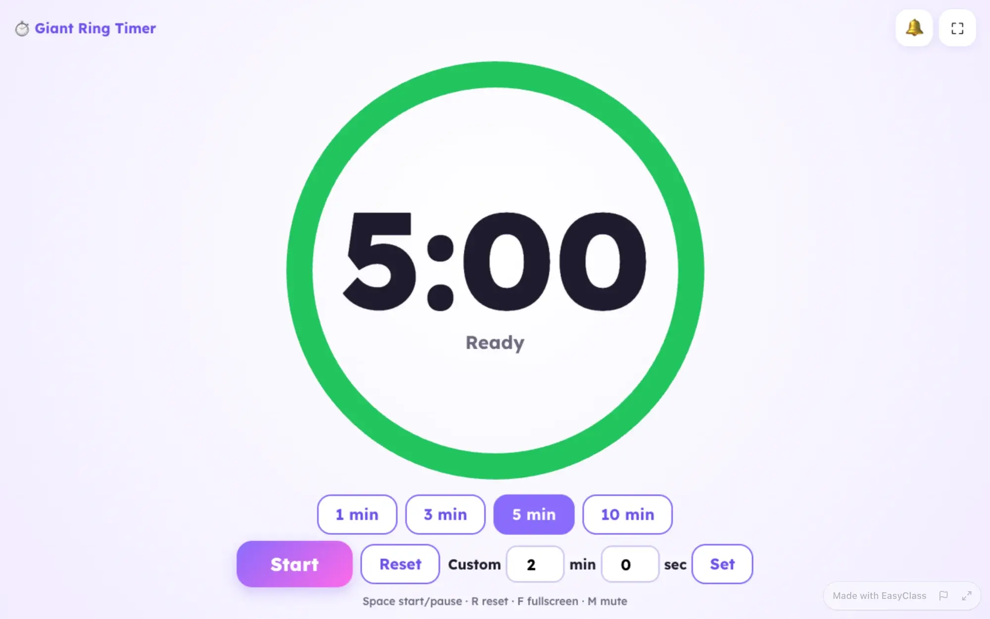 Giant Ring Timer opened from a student link, full screen with no sign-in: a large green ring around 5:00, presets for 1, 3, 5 and 10 minutes, a custom time and a Start button