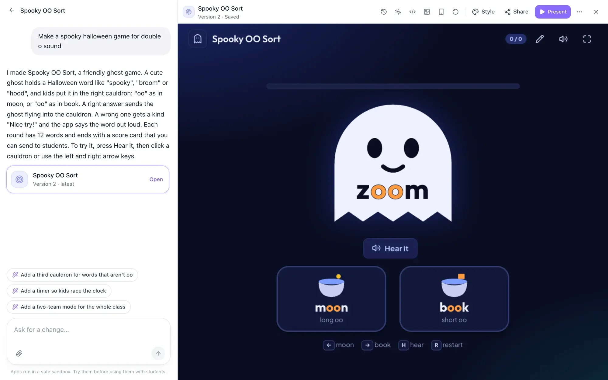 The EasyClass app builder: on the left, a teacher’s one-line request, “Make a spooky halloween game for double o sound”, and the builder’s reply; on the right, the finished Spooky OO Sort game, where a ghost holds the word “zoom” above a “moon” cauldron for long oo and a “book” cauldron for short oo