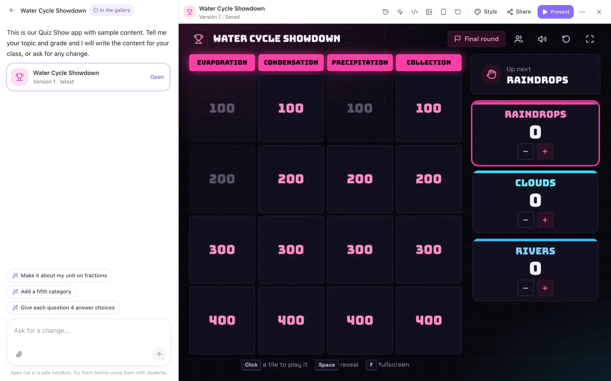 The Quiz Show ready-made game open in the builder as Water Cycle Showdown: a board of water cycle categories worth 100 to 400 points with scores for the Raindrops, Clouds and Rivers teams, and suggestions like “Make it about my unit on fractions”