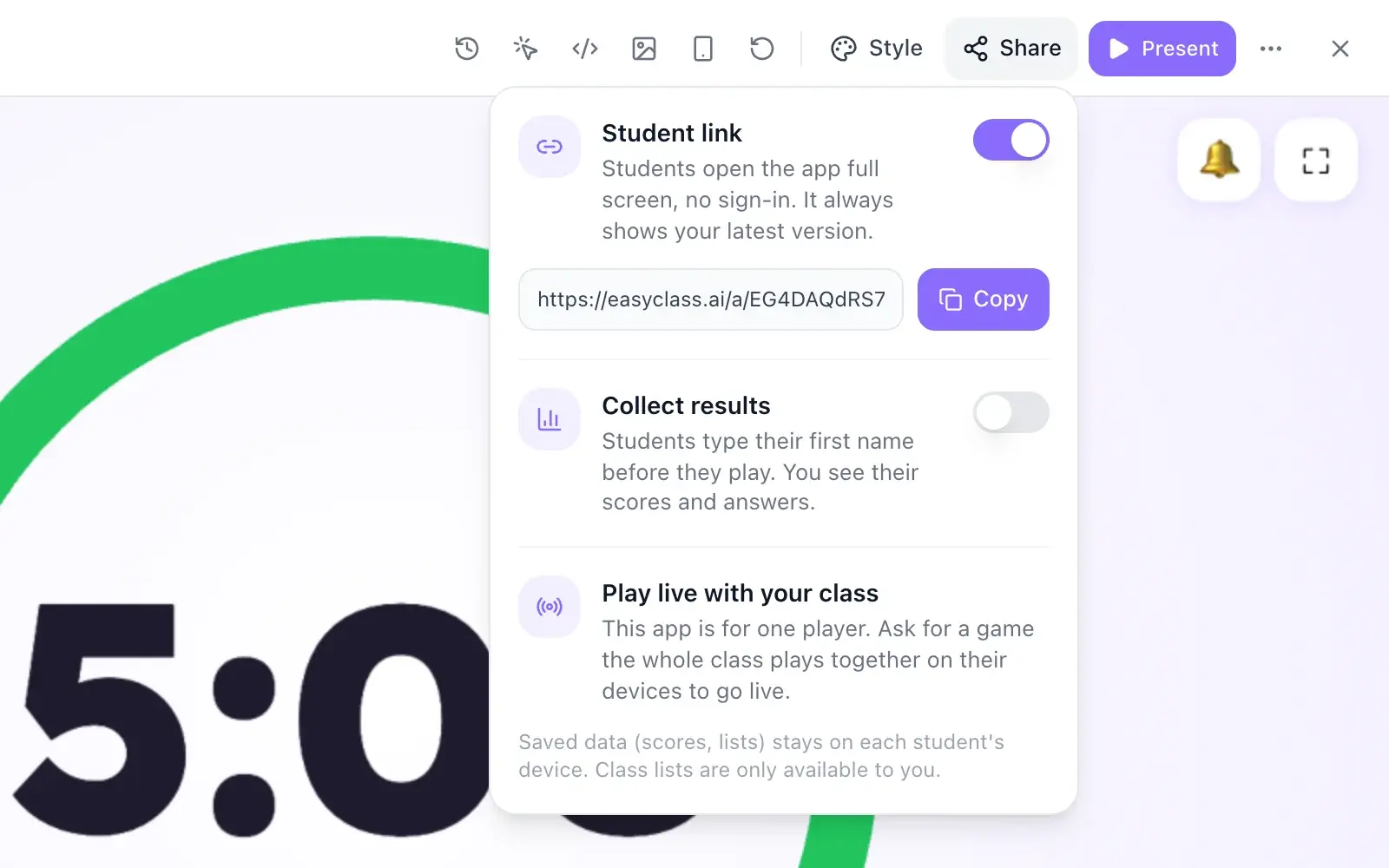 The Share menu on a Giant Ring Timer app: the Student link switch turned on with the link and a Copy button, a Collect results switch where students type a first name, and a note on playing live with the class