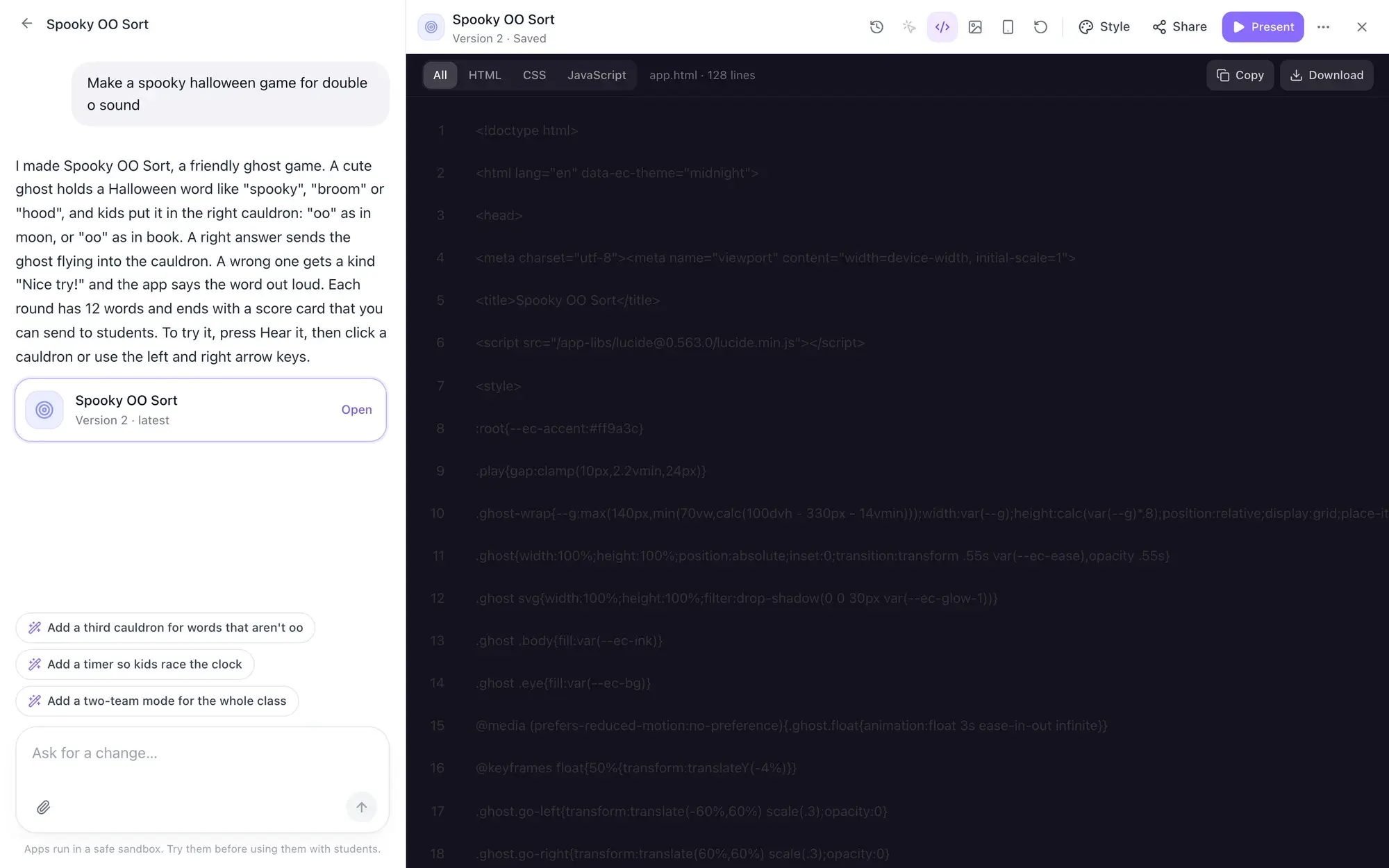 The builder with the code view open next to the chat, showing the 128 lines of HTML, CSS and JavaScript behind the Spooky OO Sort game, with Copy and Download buttons