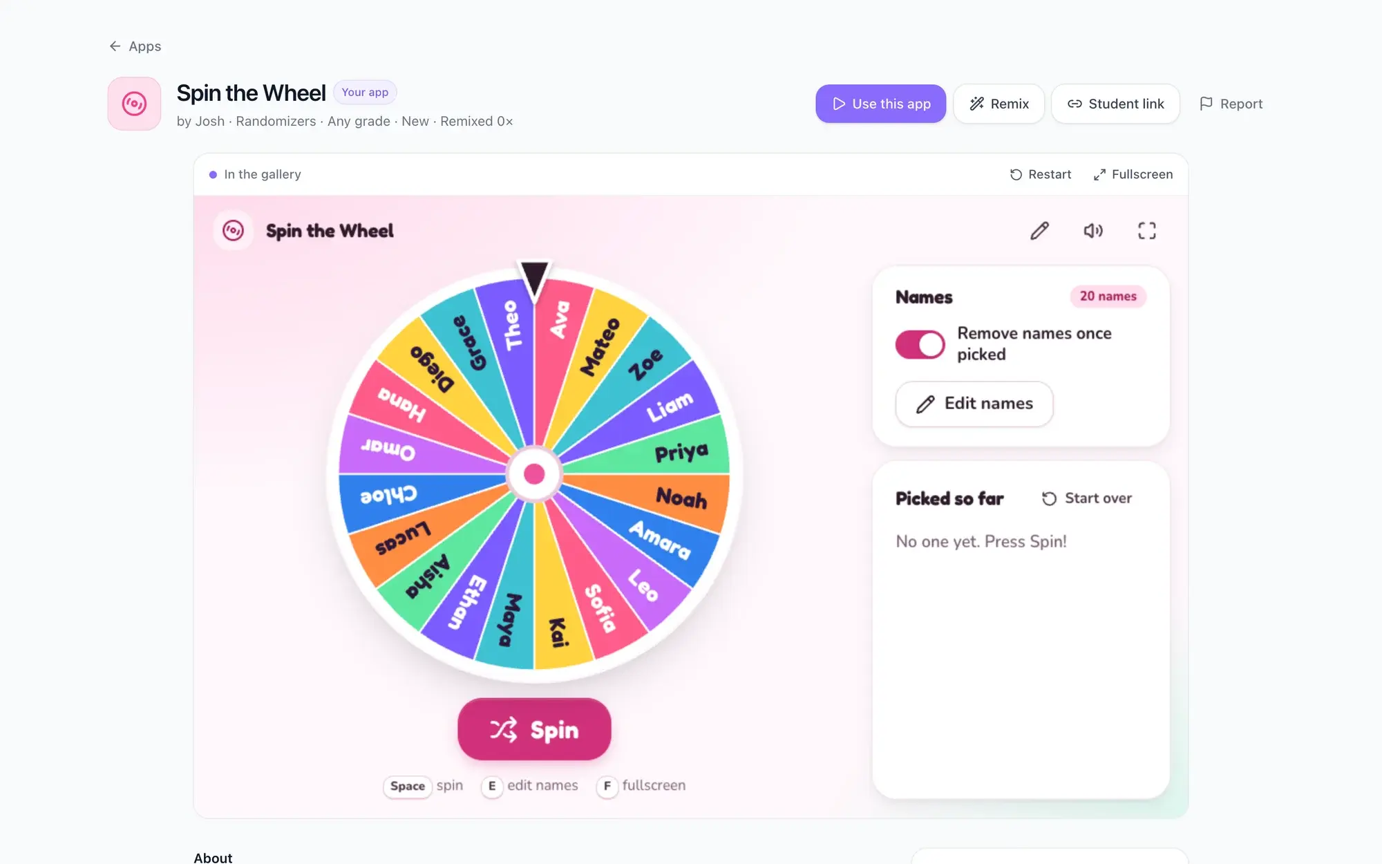 A gallery page for the Spin the Wheel app with Use this app, Remix, Student link and Report buttons above the running app: a colorful name wheel with sample first names and a switch to remove names once picked