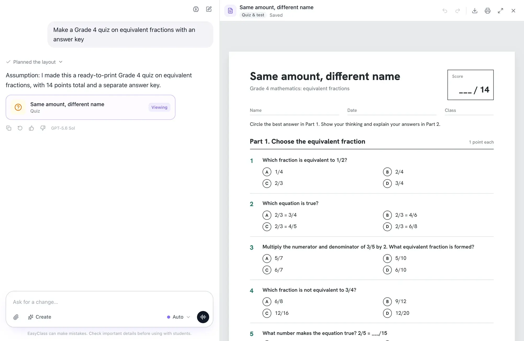 EasyClass: a teacher asks for a Grade 4 quiz on equivalent fractions in the chat, and the finished, printable quiz opens beside it