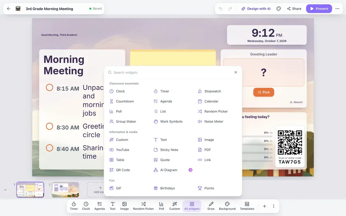 The board editor with the All widgets menu open, listing classroom essentials like Clock, Timer, Poll, Random Picker and Noise Meter, then information and media widgets