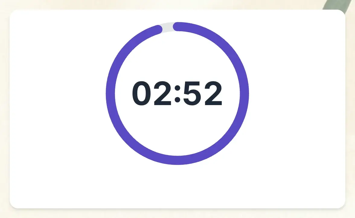 A ring-style classroom timer widget counting down at 02:52, the purple ring shrinking as time runs out