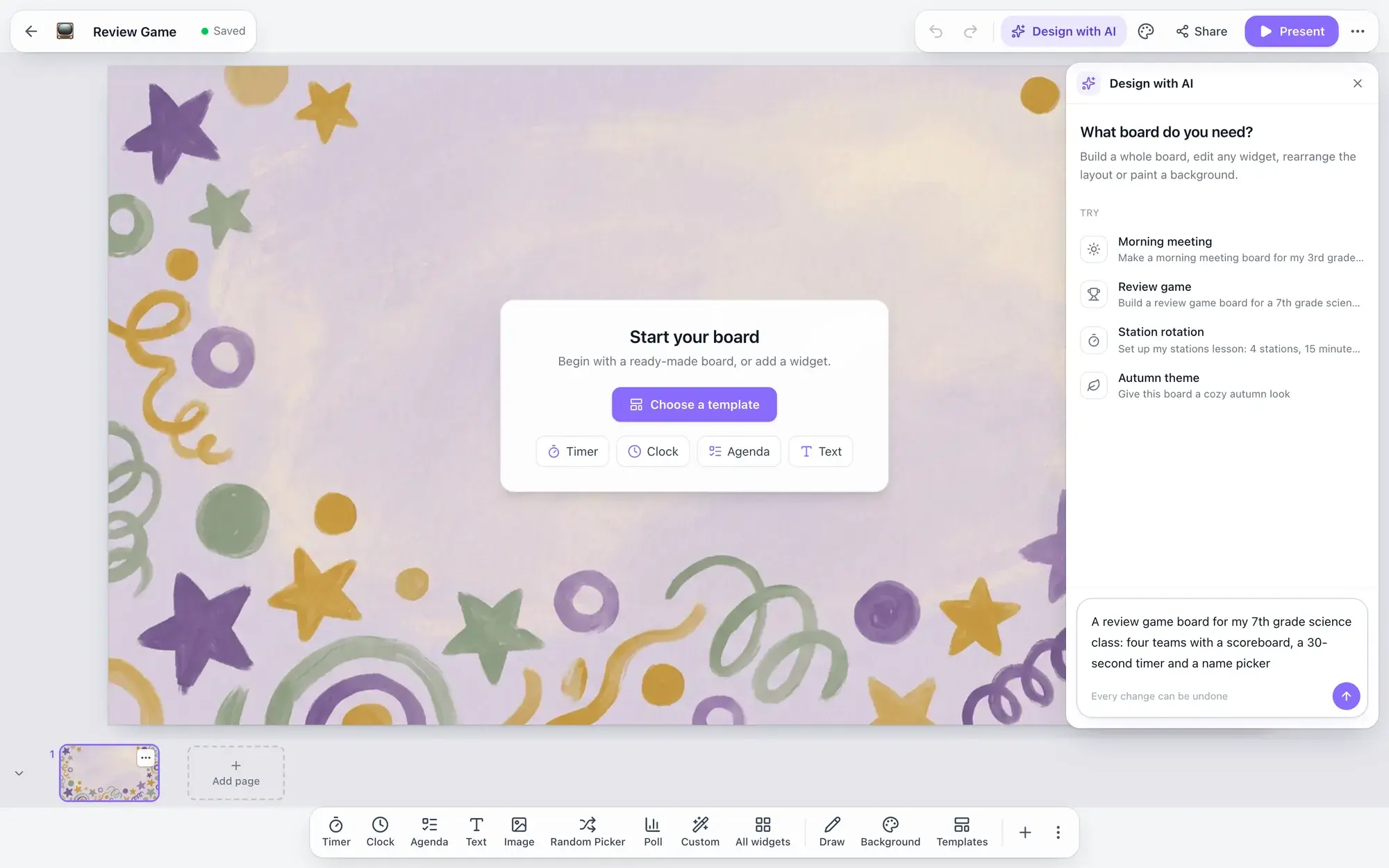 The Design with AI panel open beside an empty board, with starter ideas like Morning meeting, Review game and Station rotation, and a typed request for a 7th grade science review game board with four teams, a scoreboard, a 30-second timer and a name picker