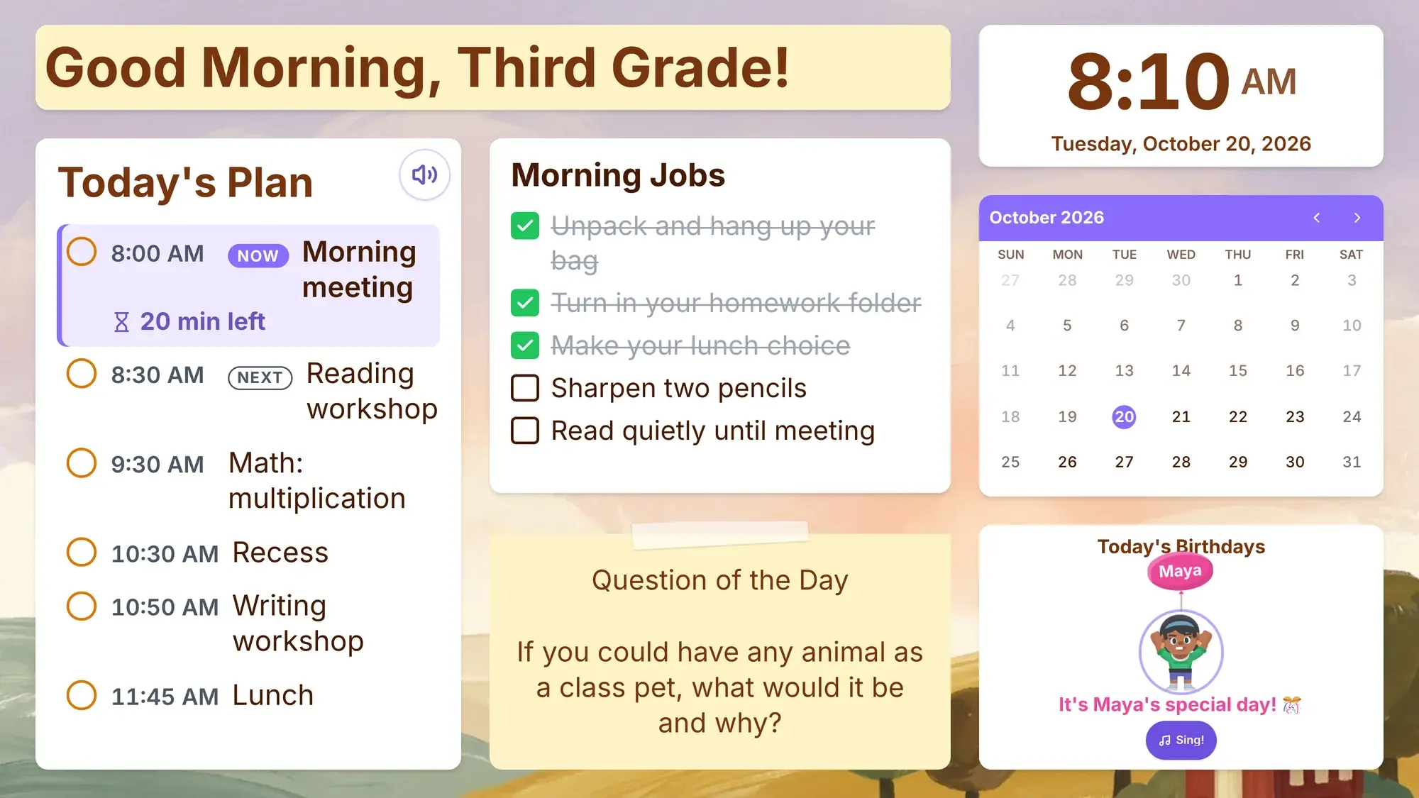 A third grade morning meeting display board in present mode: "Good Morning, Third Grade!", a clock reading 8:10 AM, today’s plan with times, a checked-off morning jobs list, a calendar for October 2026, a question of the day sticky note and a birthdays card