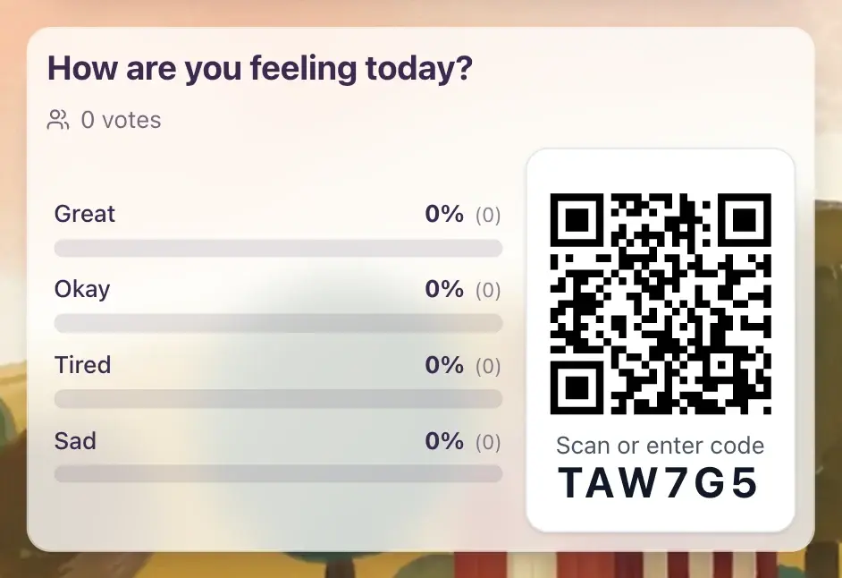 A poll widget asking "How are you feeling today?" with the answers Great, Okay, Tired and Sad, next to a QR code and the join code students type to vote