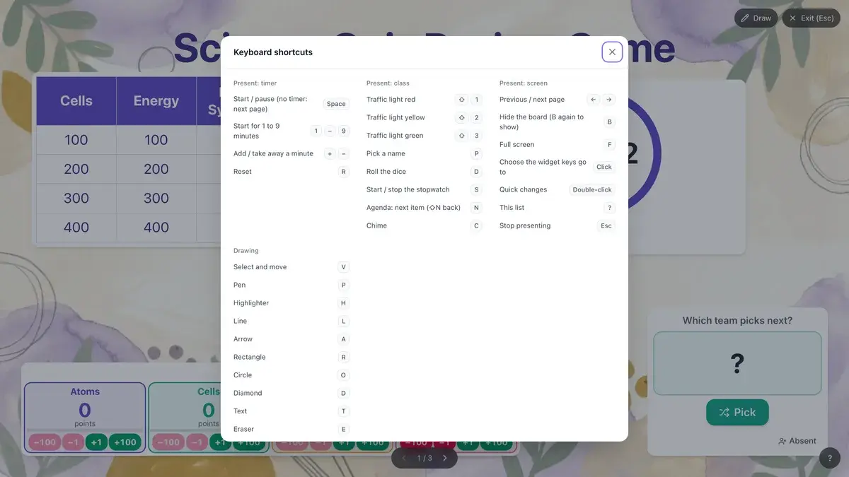 A science review game board in present mode with the keyboard shortcuts list open: Space to start the timer, P to pick a name, Shift 1 to 3 for the traffic light and B to hide the board