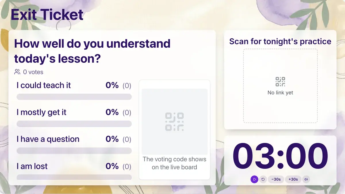 The Exit Ticket template: a poll asking "How well do you understand today’s lesson?" with four answers and a spot for its voting code, a “Scan for tonight’s practice” QR code card waiting for a link, and a 3-minute timer