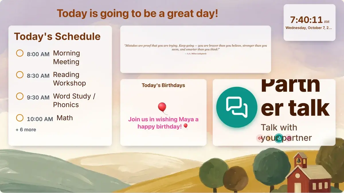 The Morning Meeting template: "Today is going to be a great day!", today’s schedule with times, a clock, a quote of the day, a birthday card and voice level symbols set to Partner talk, on a painted hills background