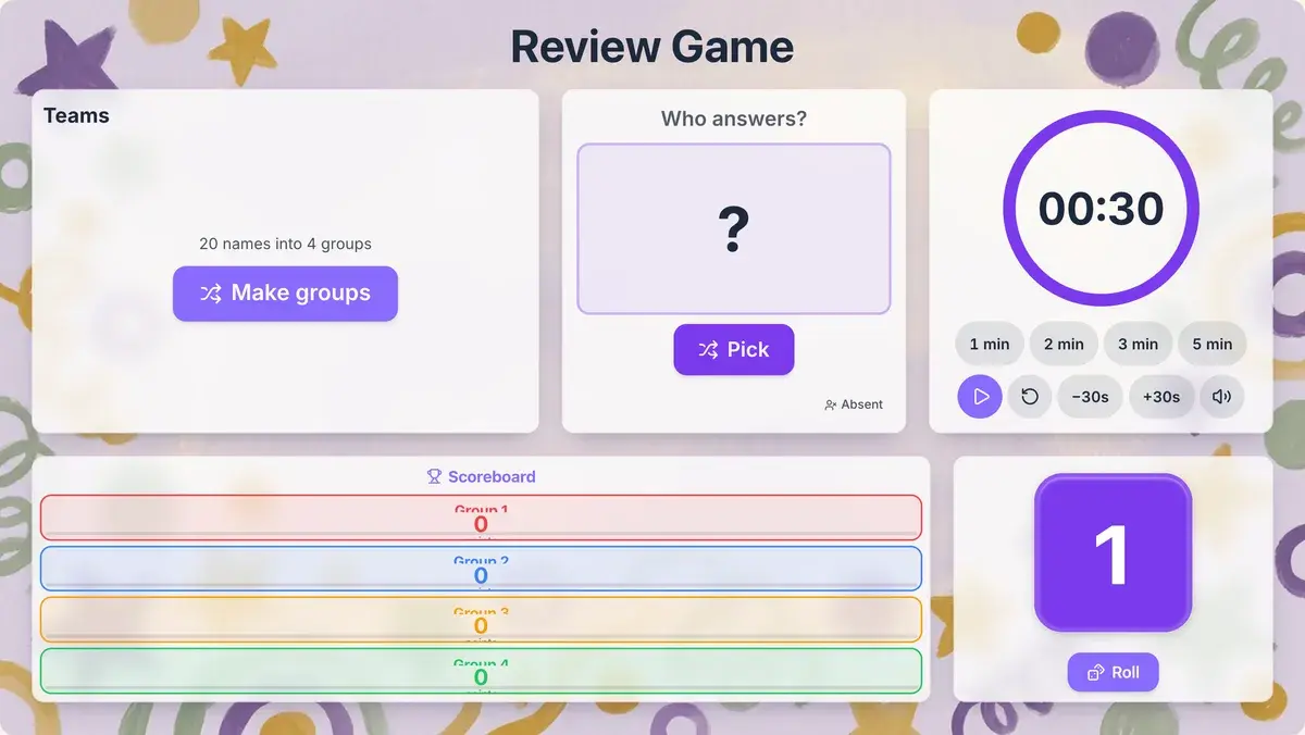 The Review Game template: a group maker, a "Who answers?" name picker, a 30-second ring timer, a four-team scoreboard and a dice widget on a painted background