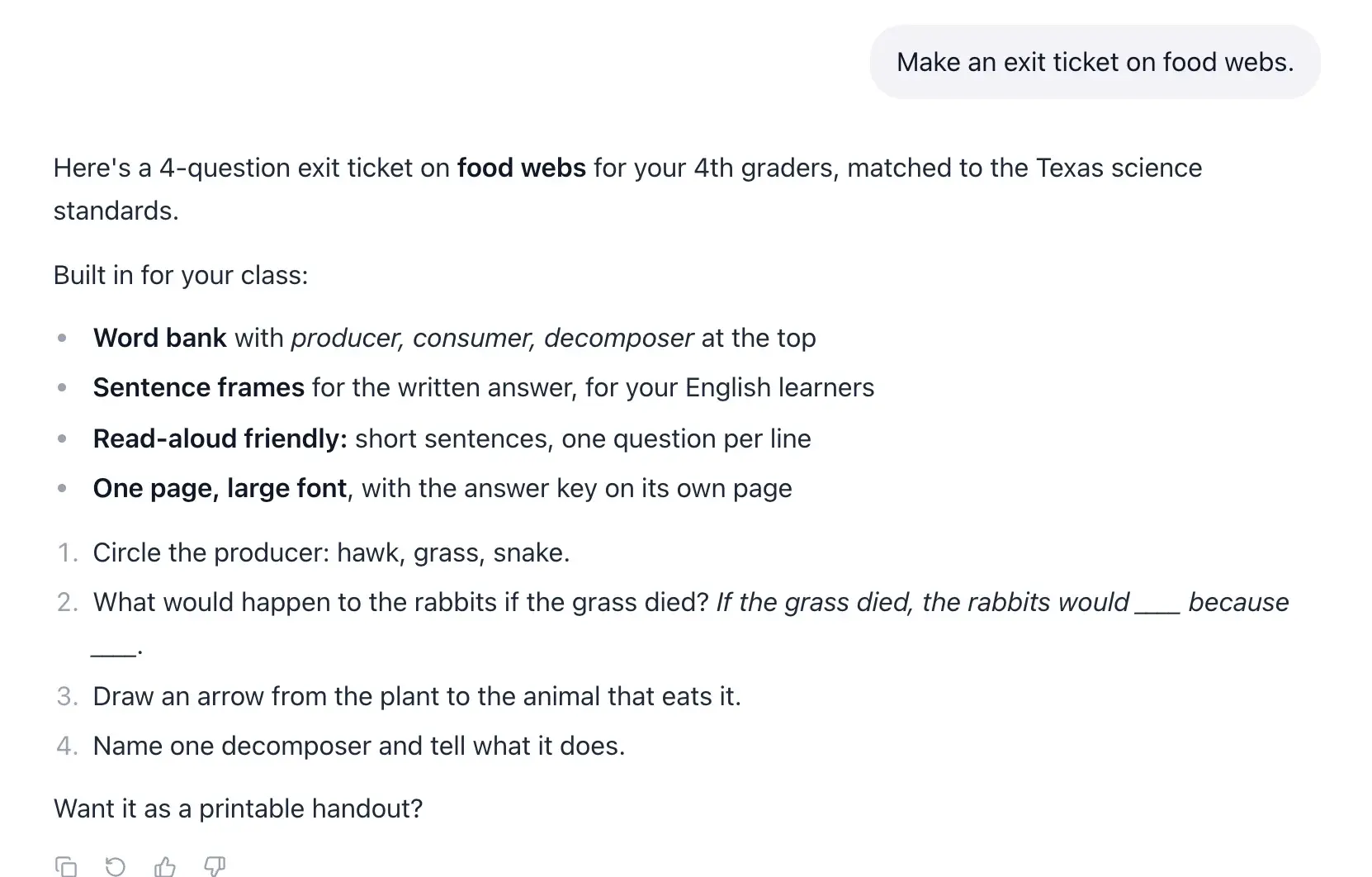 An EasyClass answer to "Make an exit ticket on food webs" that lists what it built in for the class: a word bank, sentence frames for English learners, read-aloud friendly questions, and one large-font page with the answer key on its own page.