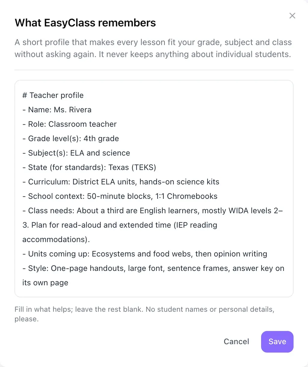 The Memory panel in edit mode: the teacher profile as plain text in an editable box, the note "No student names or personal details, please", and Cancel and Save buttons.