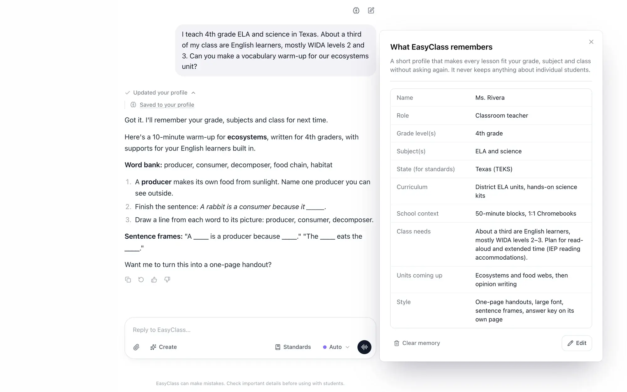 EasyClass chat with the Memory panel open beside it. The teacher said she teaches 4th grade ELA and science in Texas, a "Saved to your profile" line sits above the answer, and the panel lists her grade, subjects, Texas TEKS, class needs, upcoming units and style.
