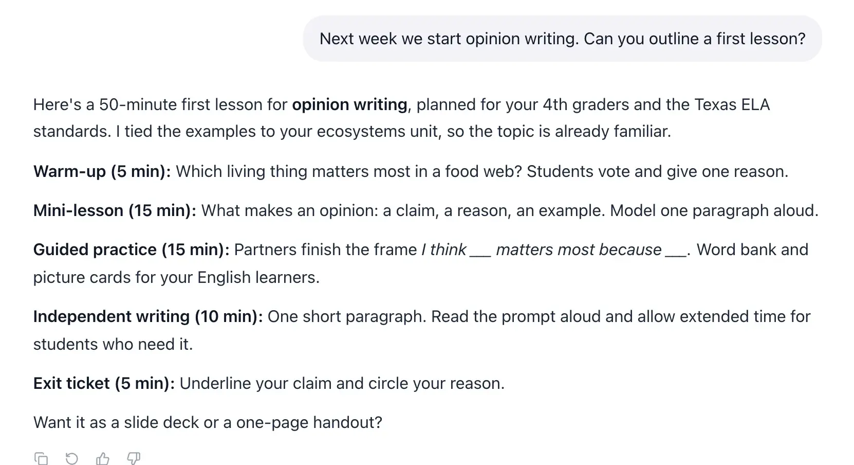 An EasyClass answer outlining a 50-minute first lesson on opinion writing for 4th grade and the Texas ELA standards, with examples tied to the ecosystems unit and supports for English learners and read-aloud.
