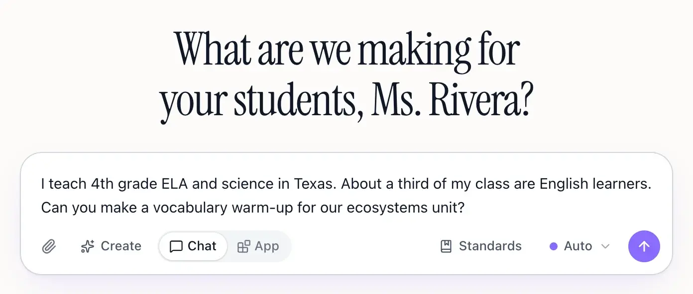 A new EasyClass chat with a first message typed: "I teach 4th grade ELA and science in Texas. About a third of my class are English learners."