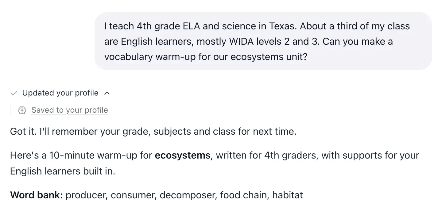 An EasyClass answer with its steps opened: "Updated your profile" and a "Saved to your profile" link, then the reply "Got it. I'll remember your grade, subjects and class for next time."