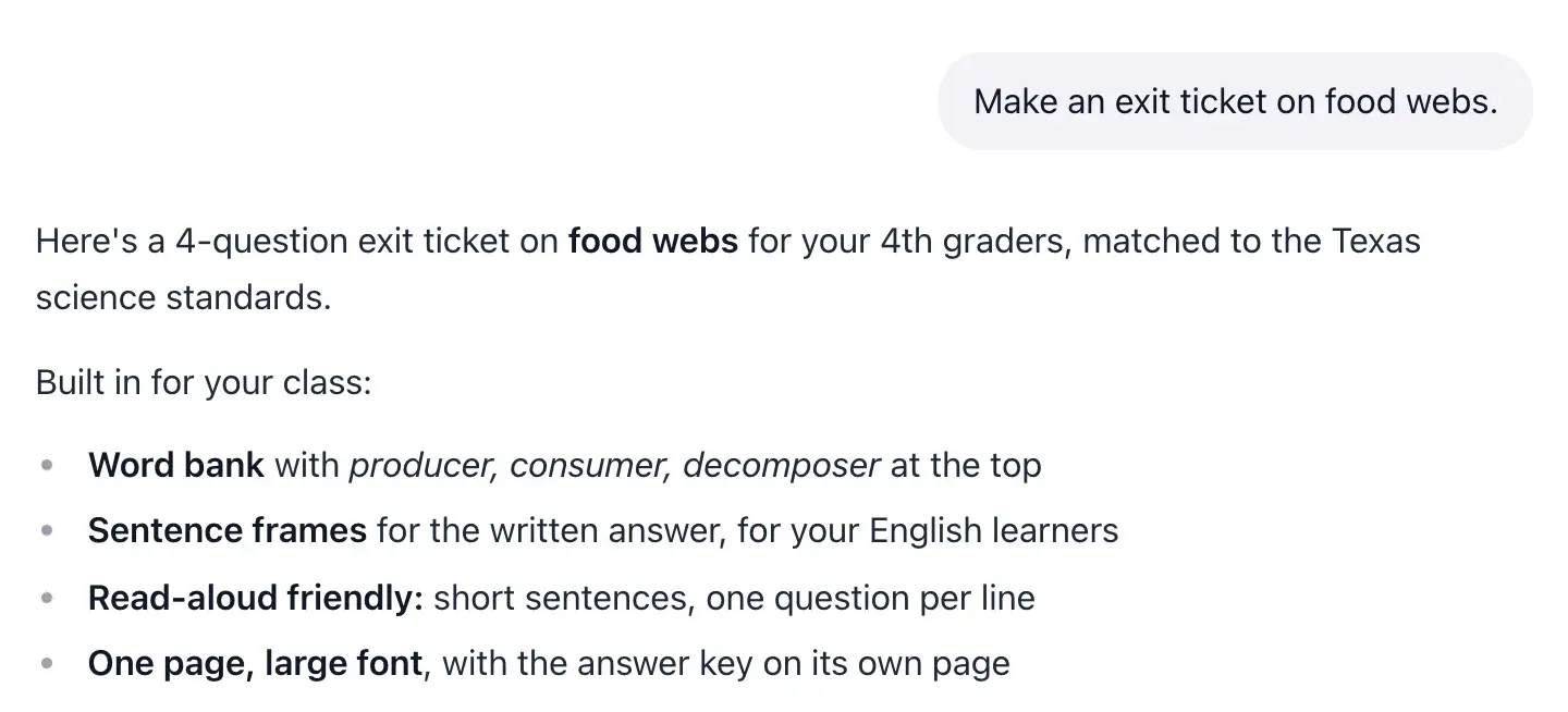 A new chat that only says "Make an exit ticket on food webs." The answer is already for 4th graders and Texas science standards, with a word bank, sentence frames and a one-page, large-font layout.