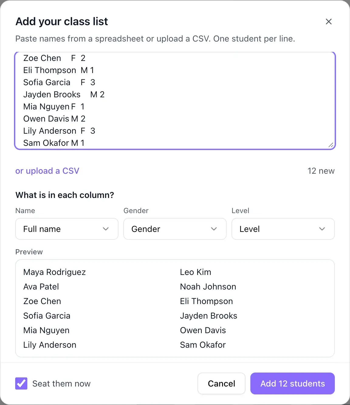 Add your class list dialog with names pasted from a spreadsheet, a column picker that reads Name, Gender and Level, a count of 12 new students and a preview of the names