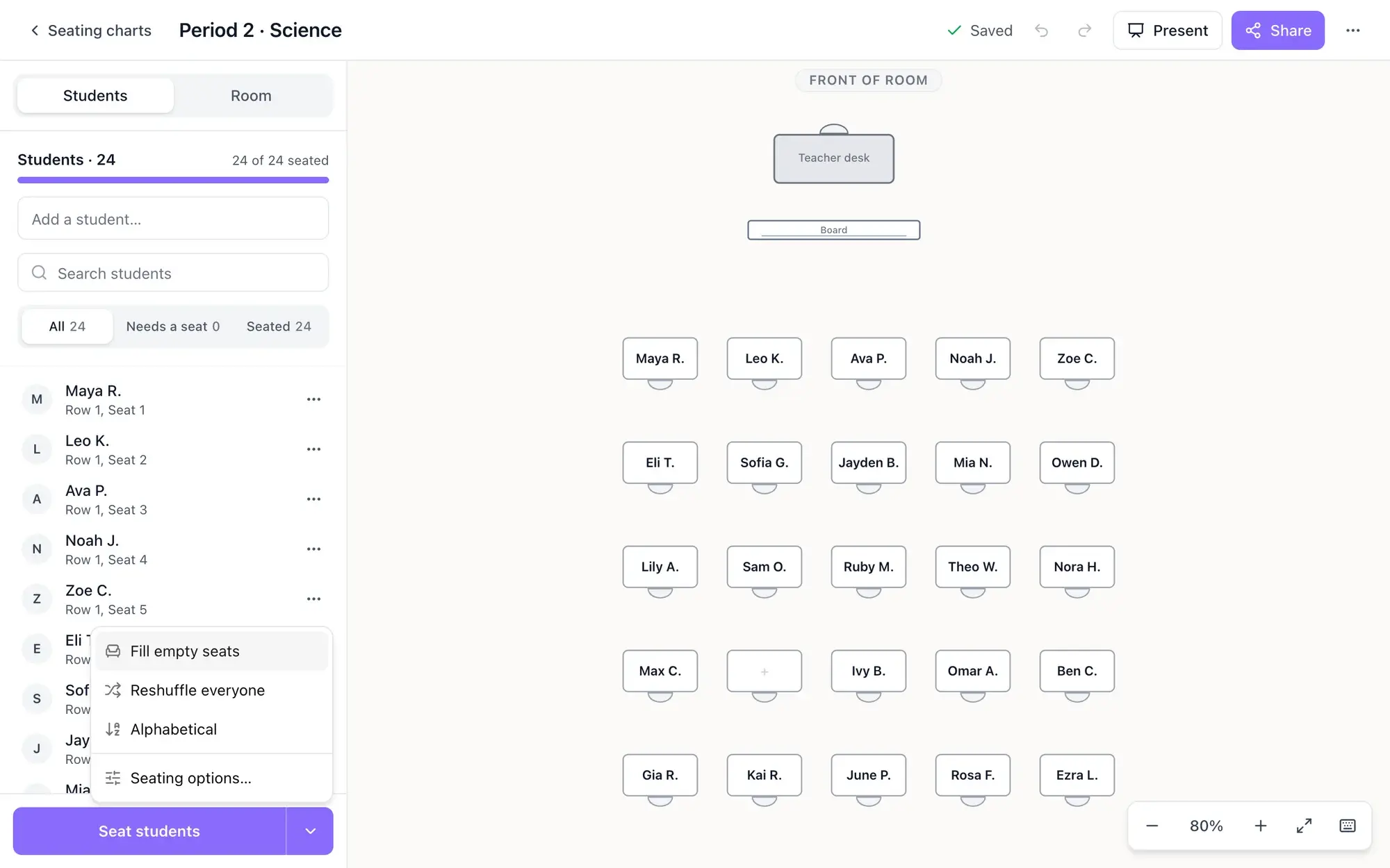 Seating chart editor with the Seat students menu open, offering Fill empty seats, Reshuffle everyone and Alphabetical, next to a classroom where every student is seated