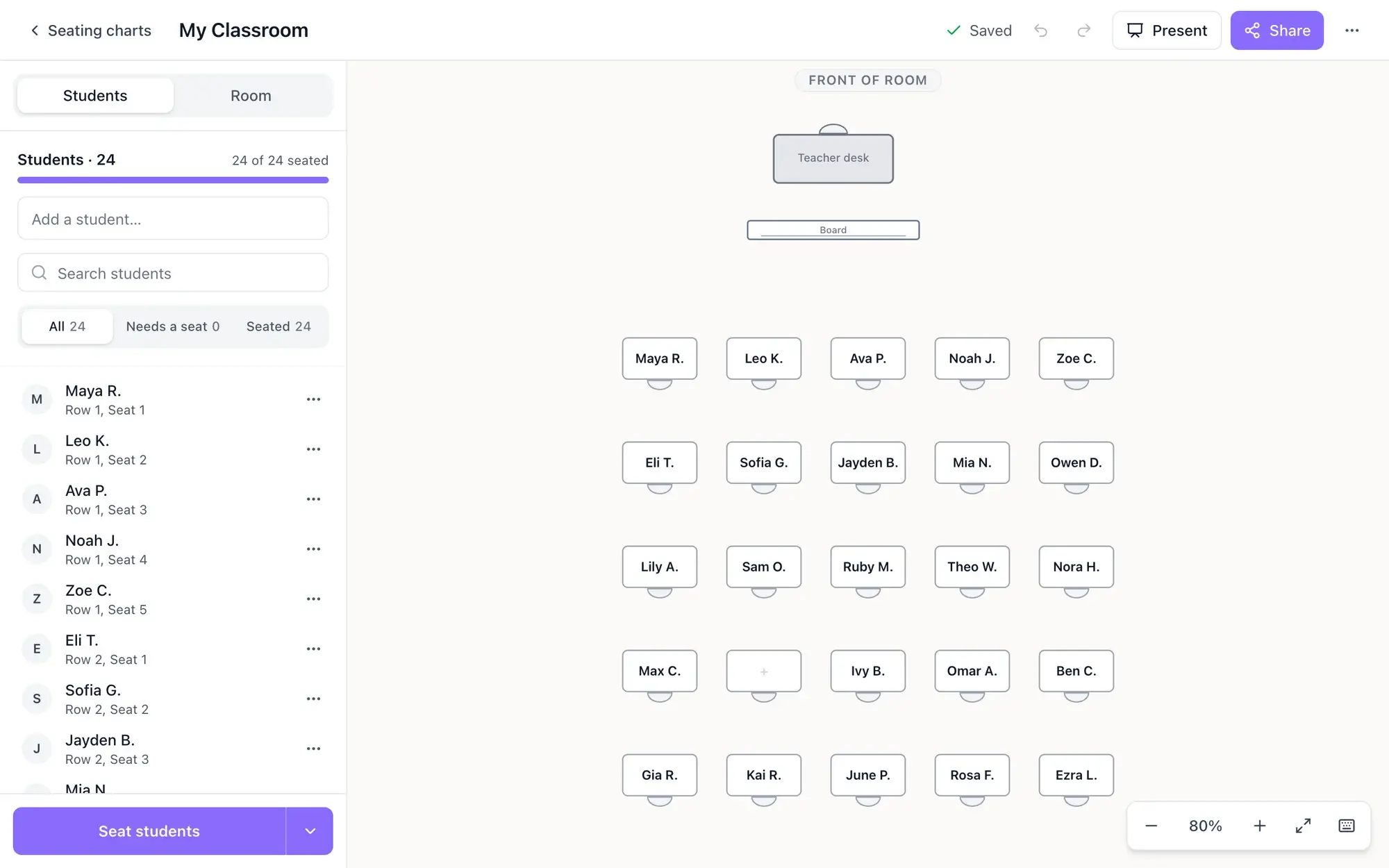 EasyClass seating chart editor: a class list of 24 students on the left, each with their row and seat, and a classroom of single desks in rows facing the teacher desk and board, with every student’s name on their desk