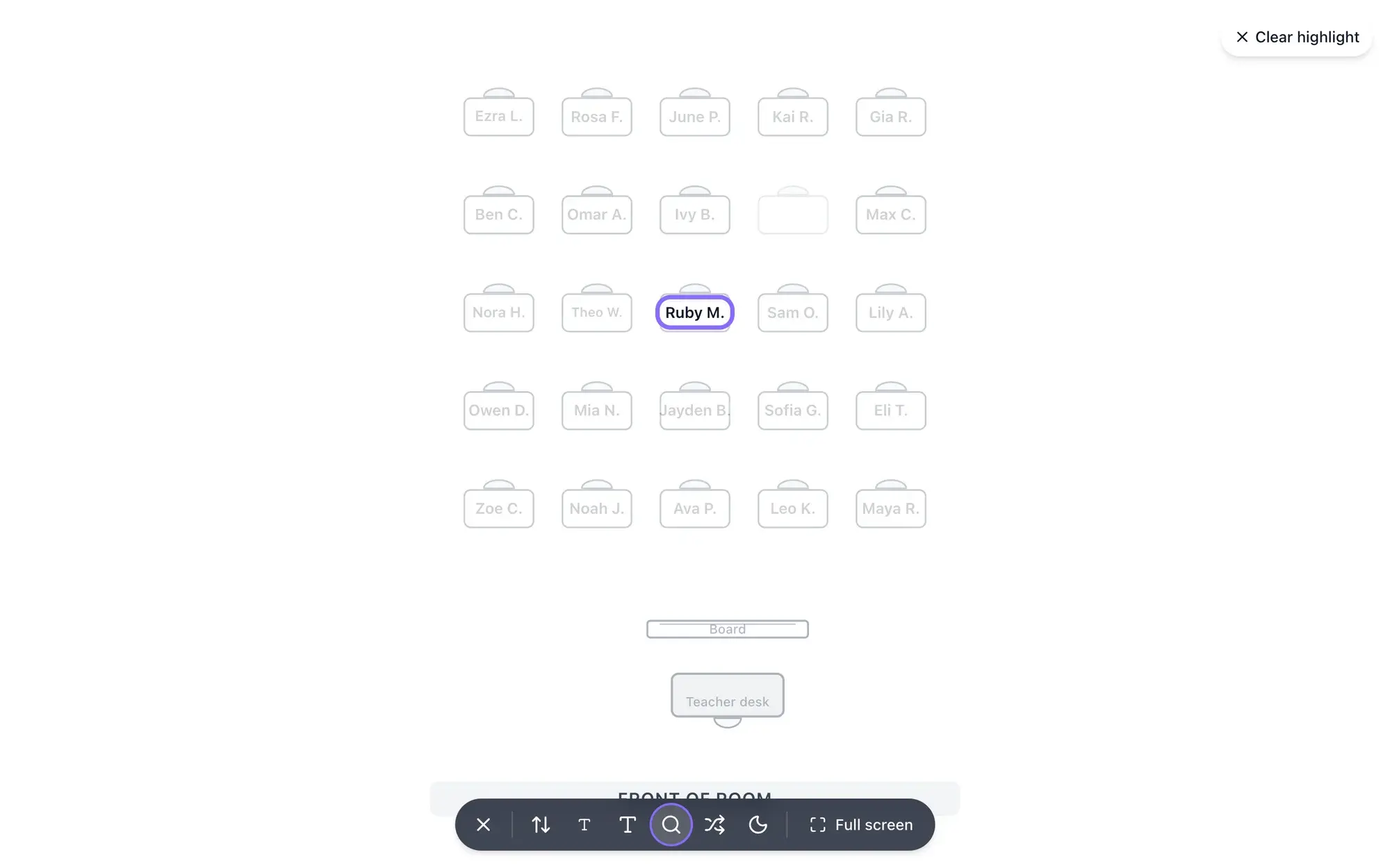 Seating chart in present mode, shown from the students’ side with the front of the room at the bottom, one student’s seat highlighted and the present toolbar for flip, text size, find, reshuffle, dark mode and full screen