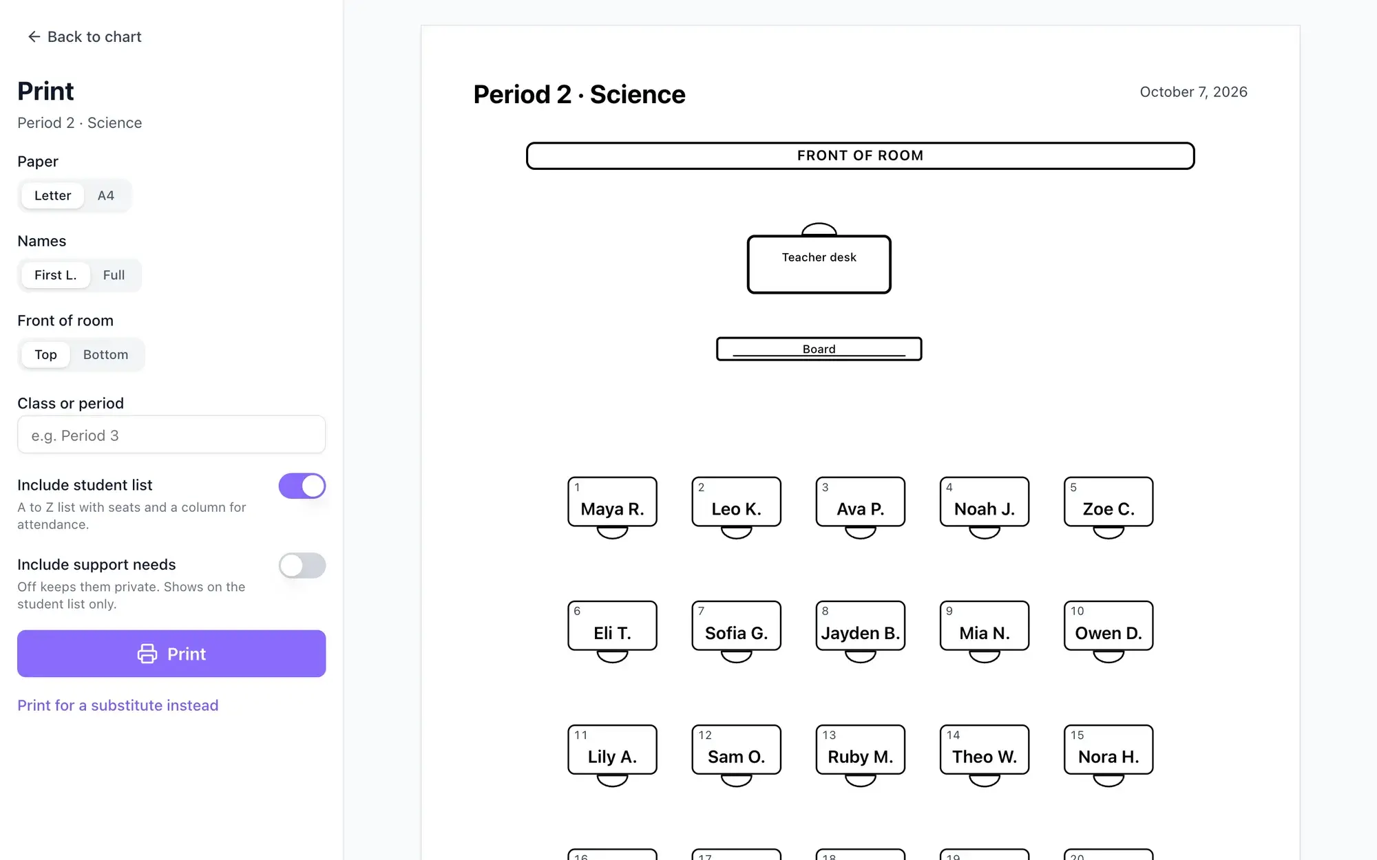 Print page for a seating chart with options for Letter or A4 paper, First L. or full names, front of room at the top or bottom, a class or period name, a student list and support needs, next to a preview of the printed sheet
