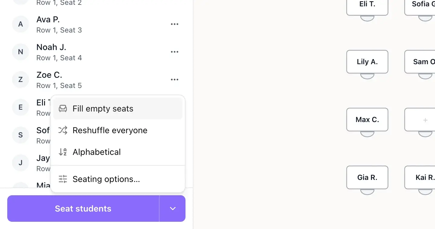 Seat students menu with Fill empty seats, Reshuffle everyone, Alphabetical and Seating options