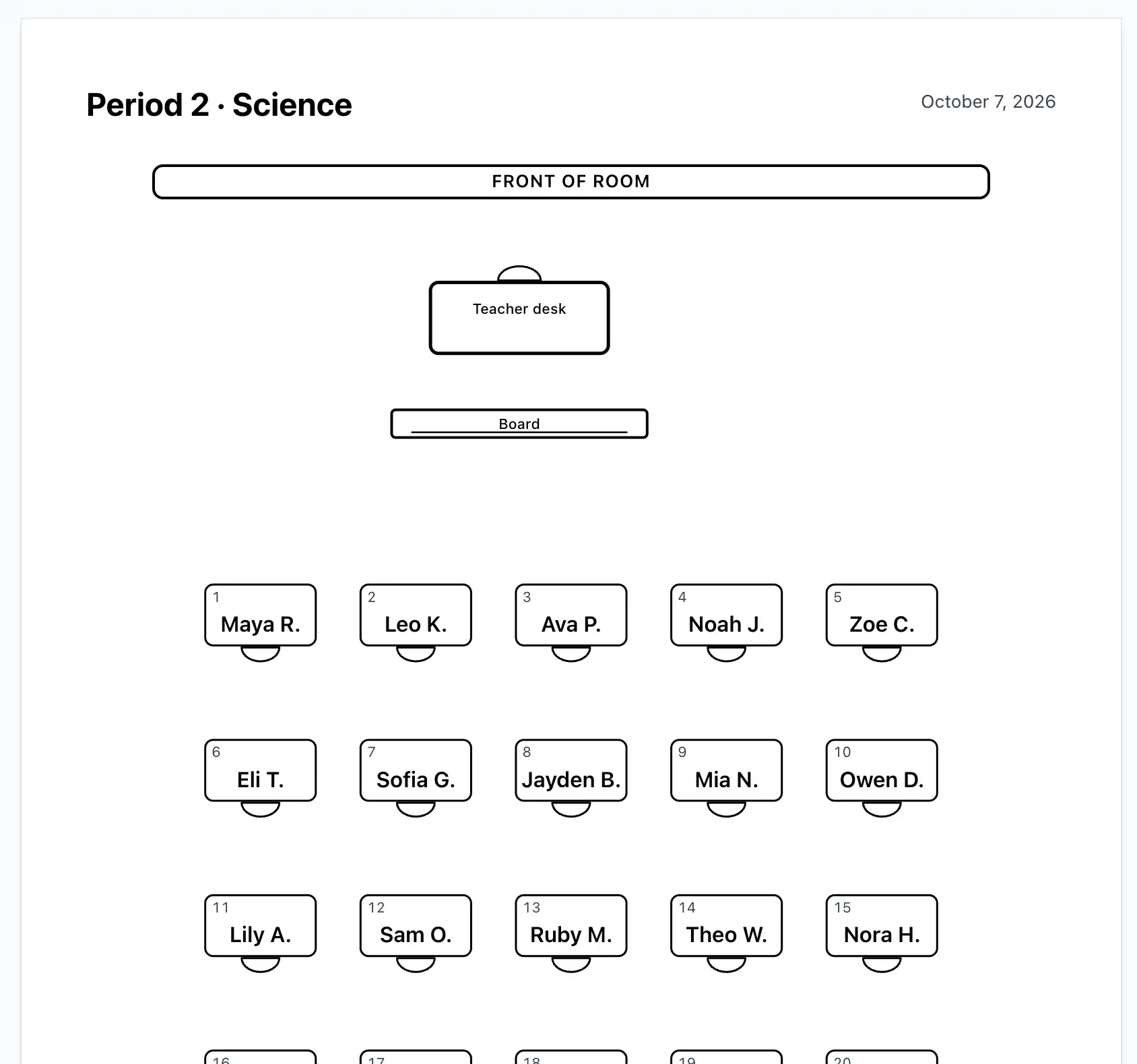 Print preview of a seating chart titled Period 2 · Science, with the front of the room, teacher desk and board at the top and numbered desks with student names below