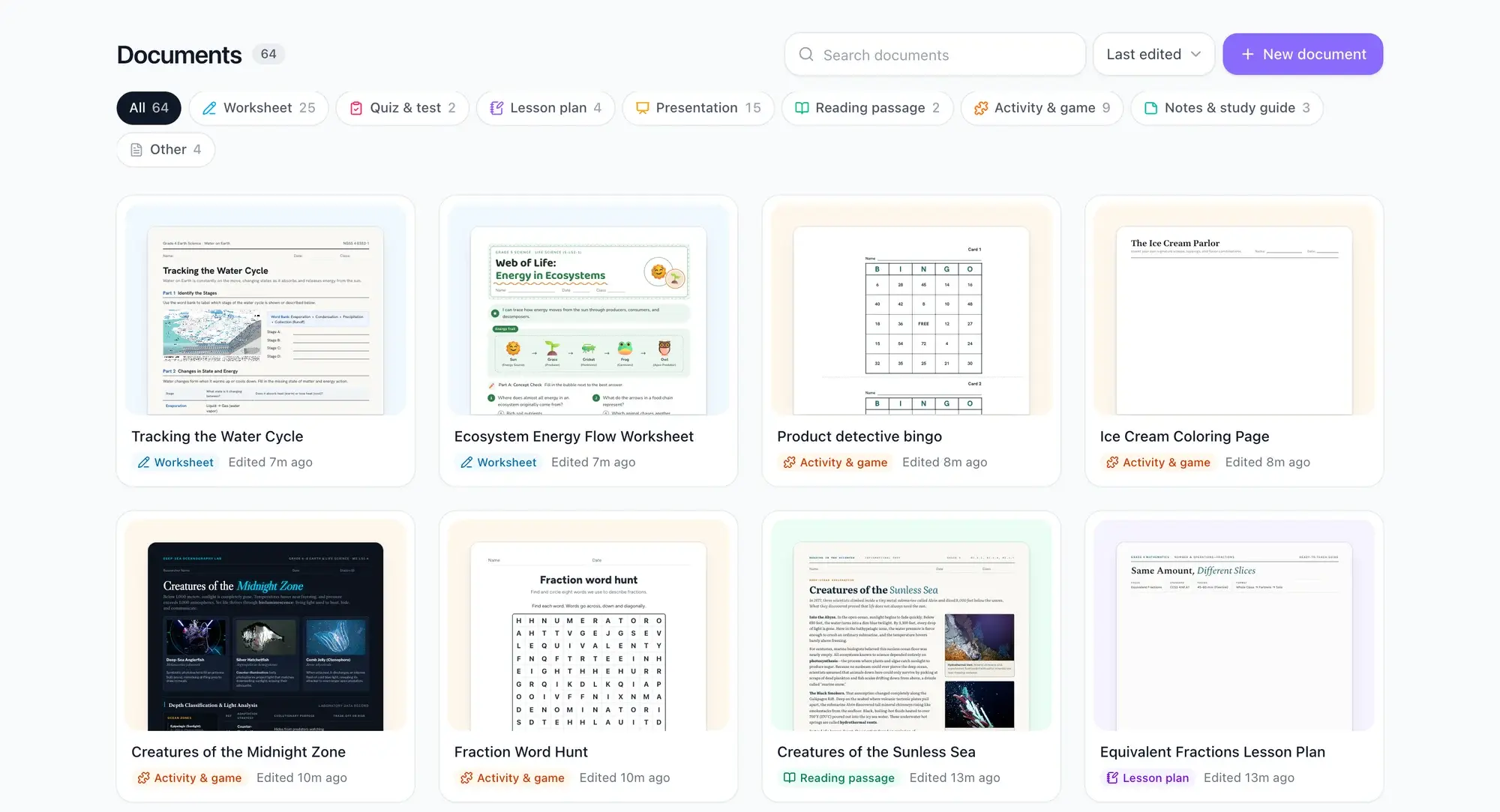 The EasyClass documents library: filters for worksheet, quiz and test, lesson plan, presentation, reading passage, activity and game, and notes, a search box, and a grid of document cards with page previews