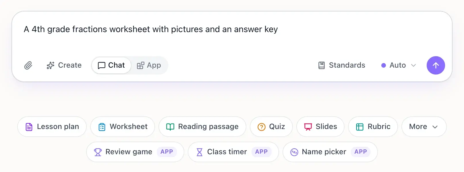 The EasyClass chat box with a typed request, above quick-start buttons for lesson plan, worksheet, reading passage, quiz, slides and rubric
