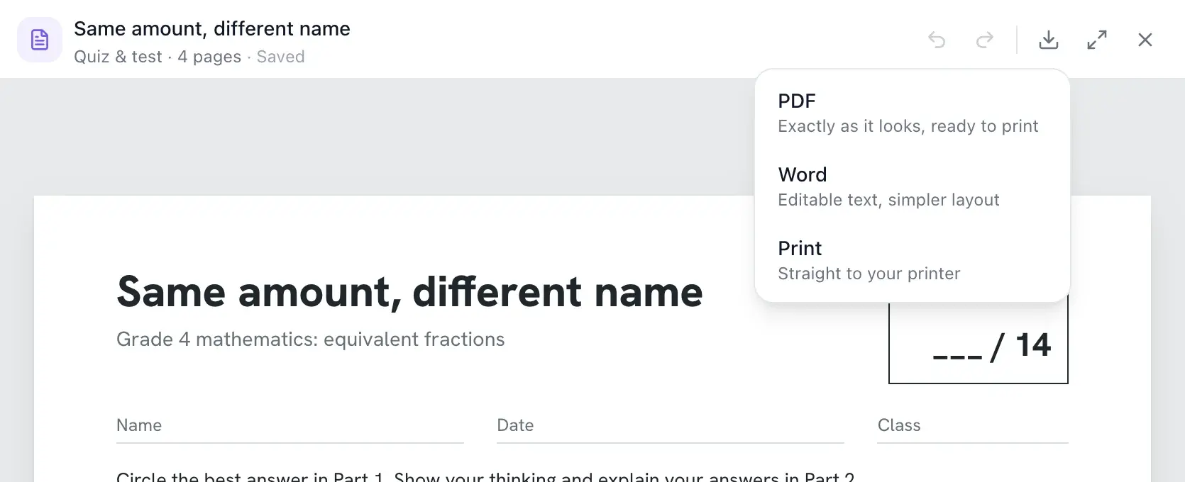 The download menu on a finished EasyClass document with three choices: PDF, exactly as it looks and ready to print; Word, editable text with a simpler layout; and Print, straight to your printer