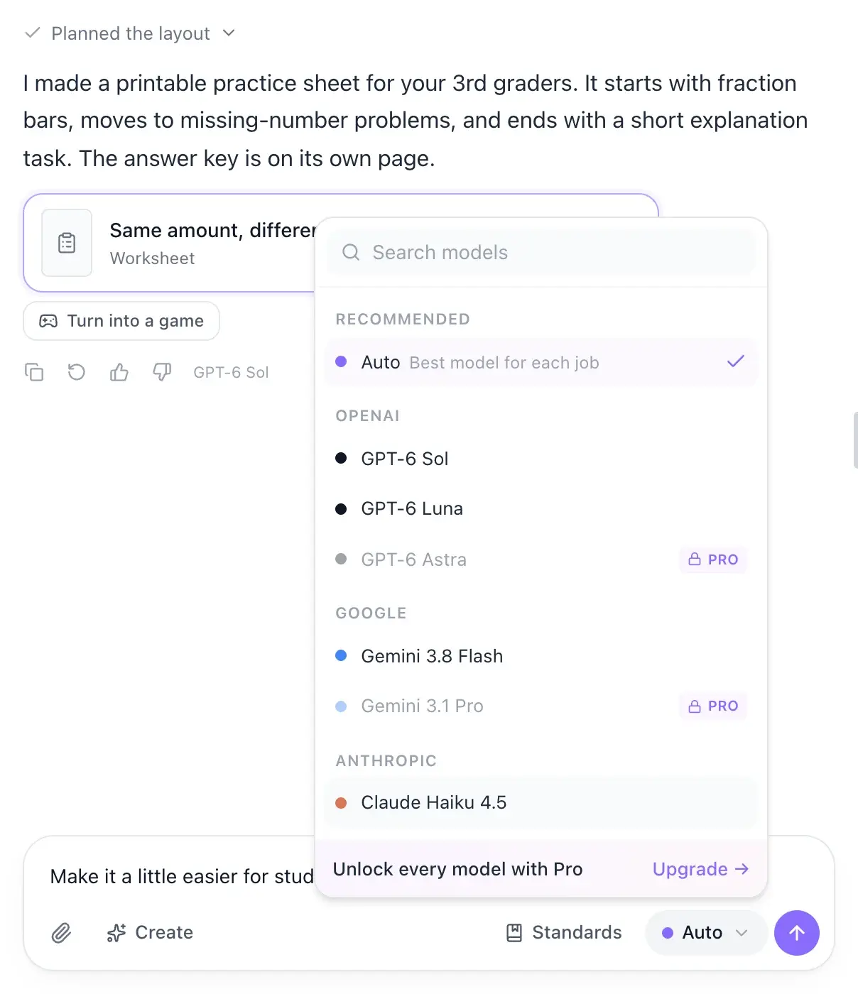 A chat answer about a 3rd grade equivalent fractions worksheet, labeled GPT-6 Sol under the reply, with the model menu open to pick a different model for the next request