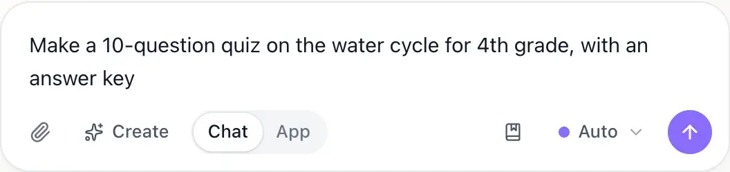 The EasyClass chat box with "Make a 10-question quiz on the water cycle for 4th grade, with an answer key" typed in and the model set to Auto