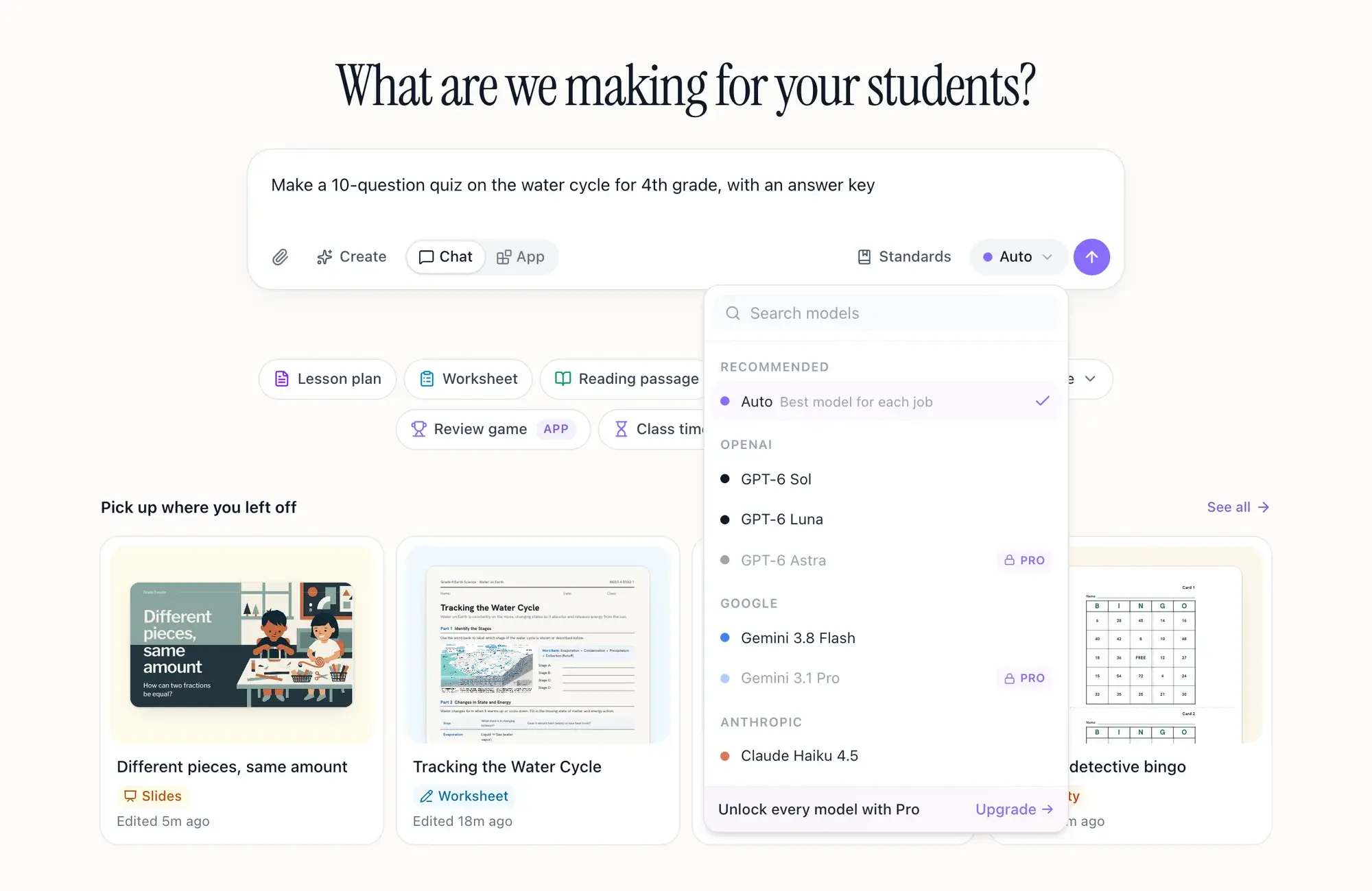 EasyClass AI chat box with a teacher request typed in, "Make a 10-question quiz on the water cycle for 4th grade, with an answer key", and the model menu open: Auto (best model for each job) is checked, above GPT-6, Gemini and Claude models, with a Pro lock on the larger ones