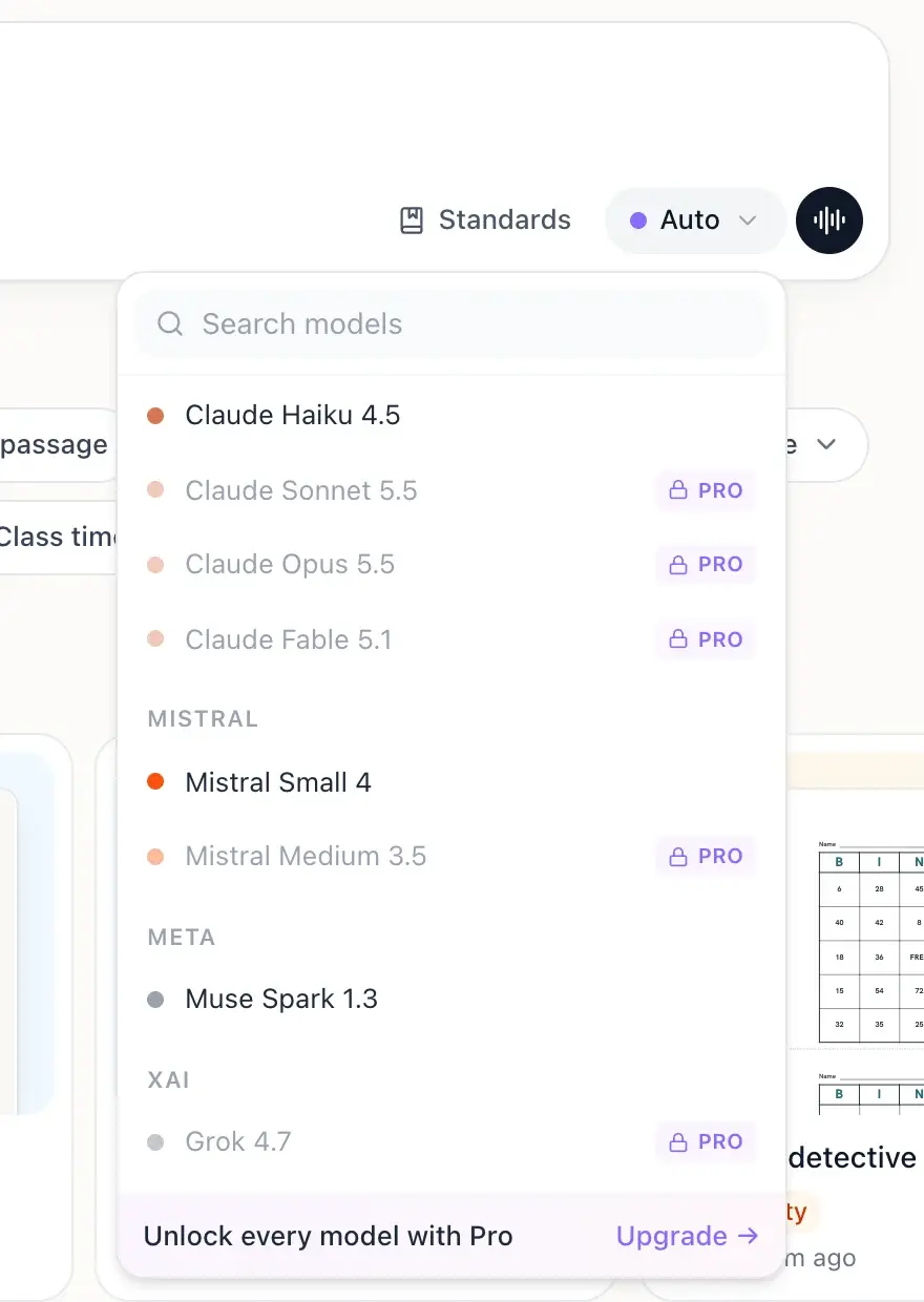 The lower half of the model menu on the free plan: Claude Haiku 4.5, Mistral Small 4 and Muse Spark 1.3 are open, while Claude Sonnet 5.5, Claude Opus 5.5, Claude Fable 5.1, Mistral Medium 3.5 and Grok 4.7 show a Pro lock, above an "Unlock every model with Pro" link
